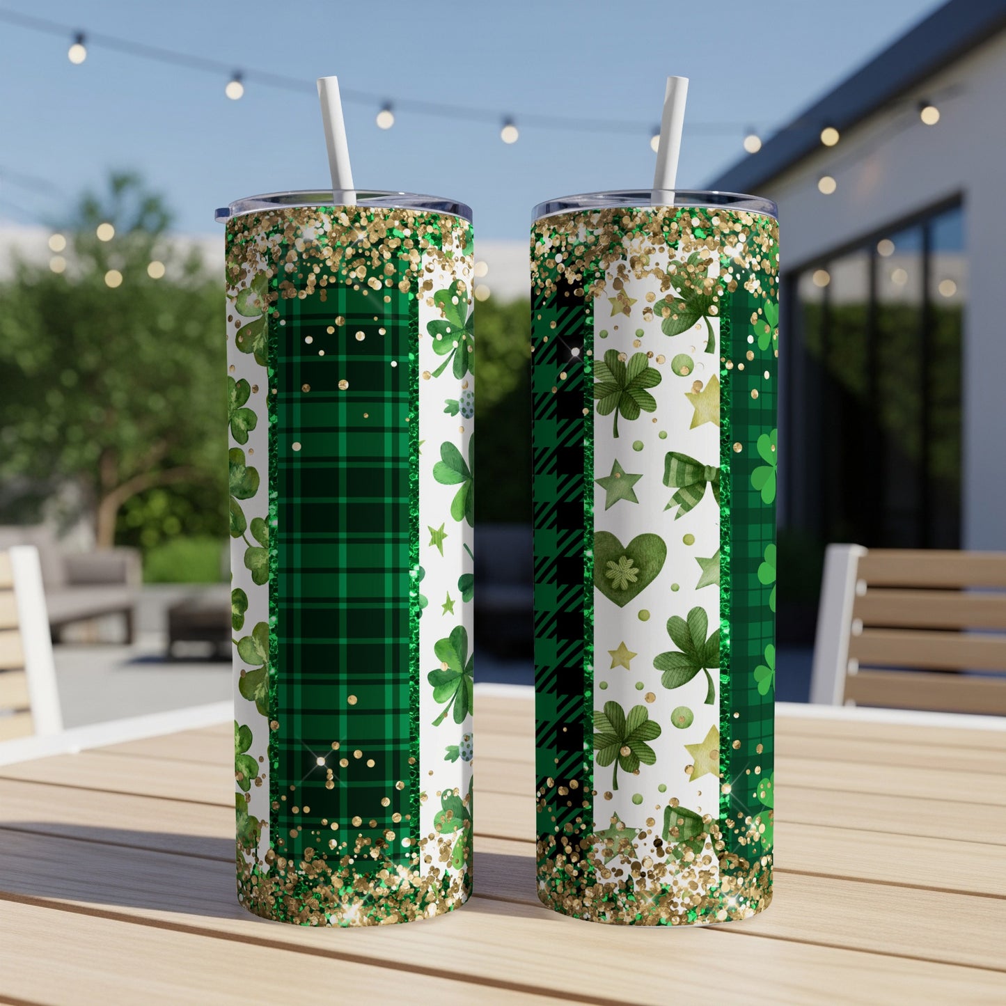 Two green St. Patrick's Day themed tumblers with shamrocks and gold glitter.
