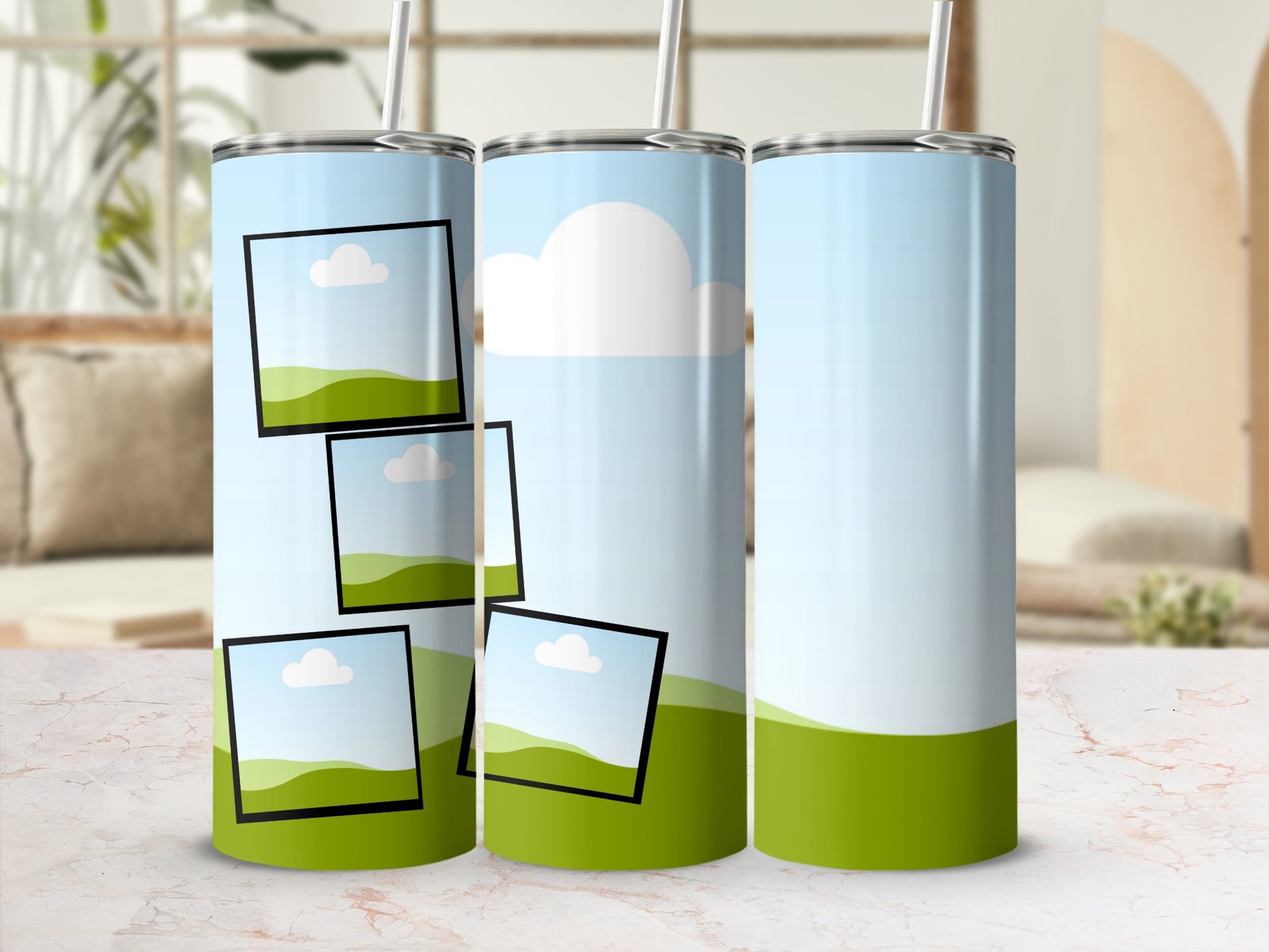 Tumblers with a sky and rolling green hills pattern, featuring black-framed picture placeholders.