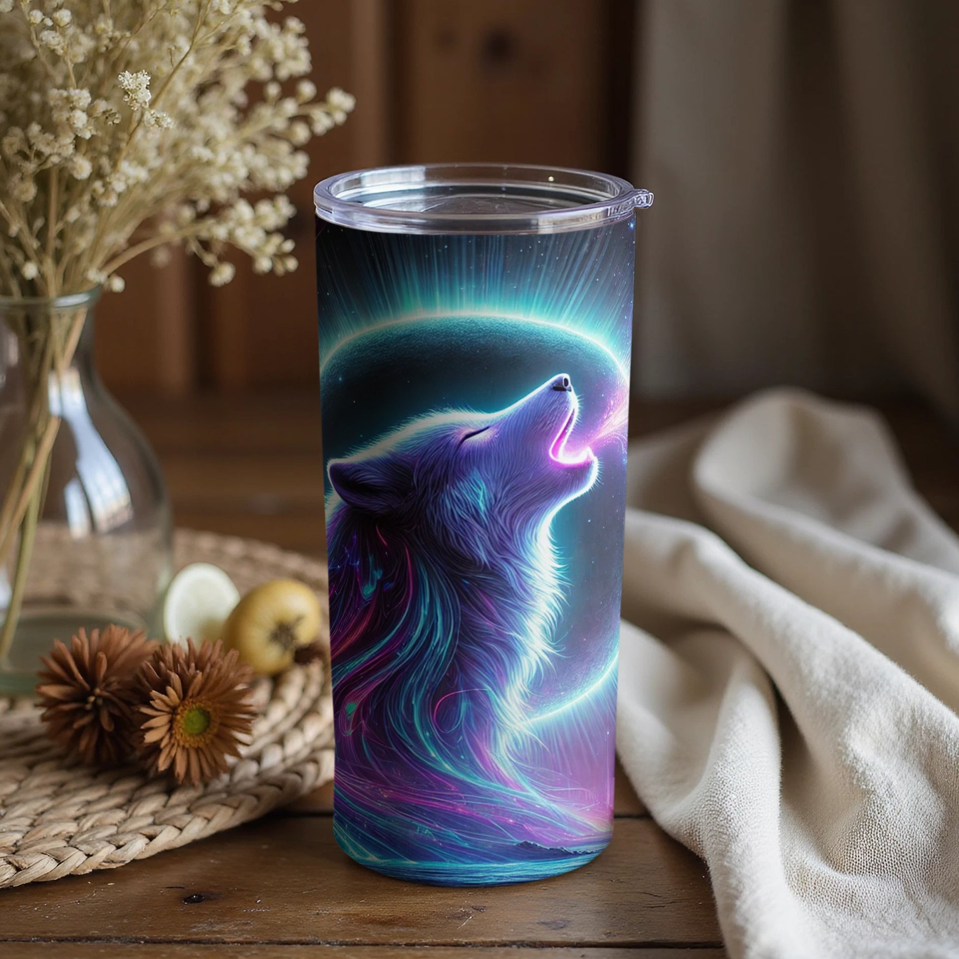 Howling Wolf Tumbler with Cosmic Aurora Design