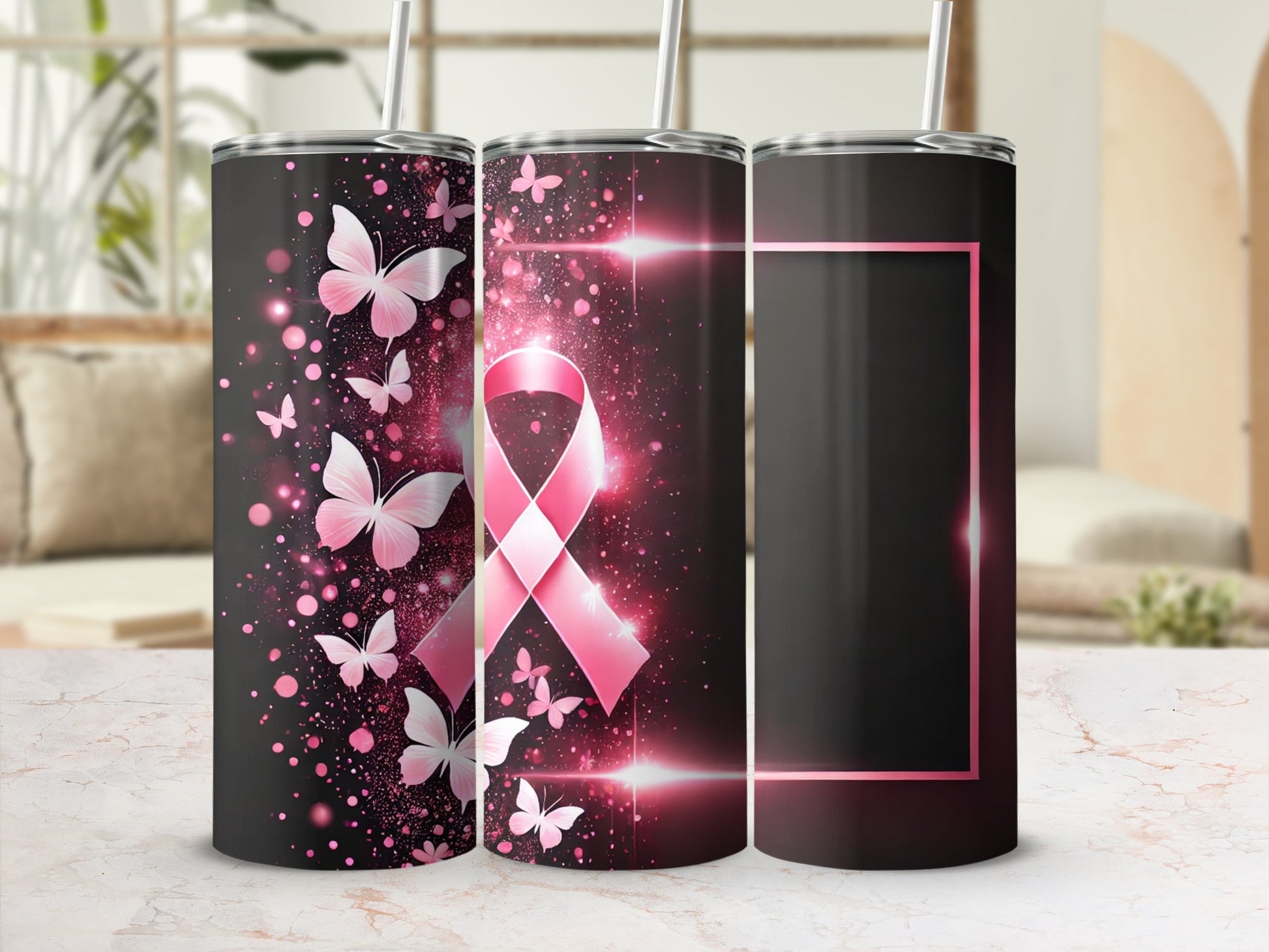 Black tumbler with pink butterflies and a pink breast cancer awareness ribbon.