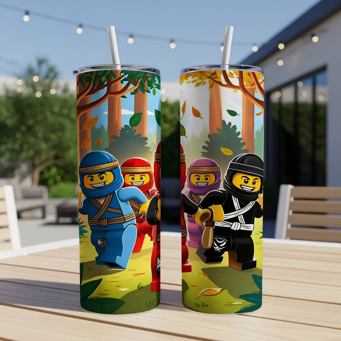 Lego ninjas running through an autumn forest scene on a tumbler.