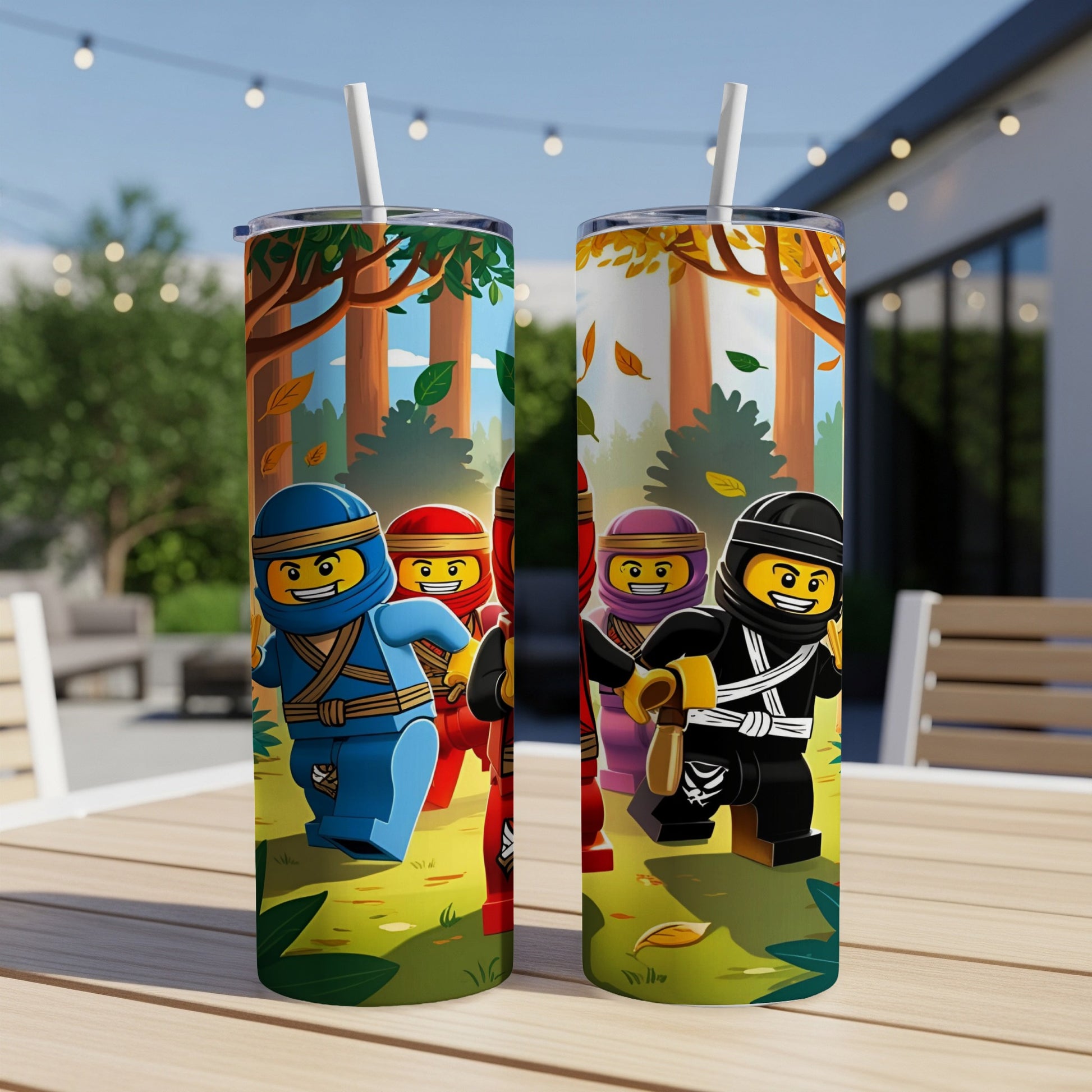 Lego ninjas running through an autumn forest scene on a tumbler.