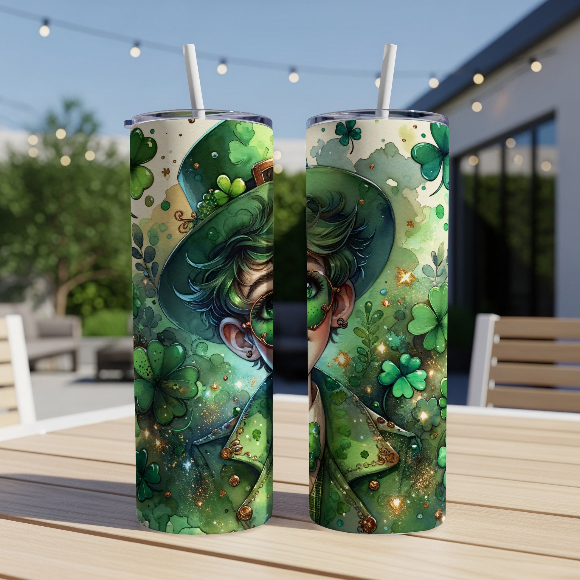 Leprechaun in green hat and jacket with shamrocks, set of two tumblers.