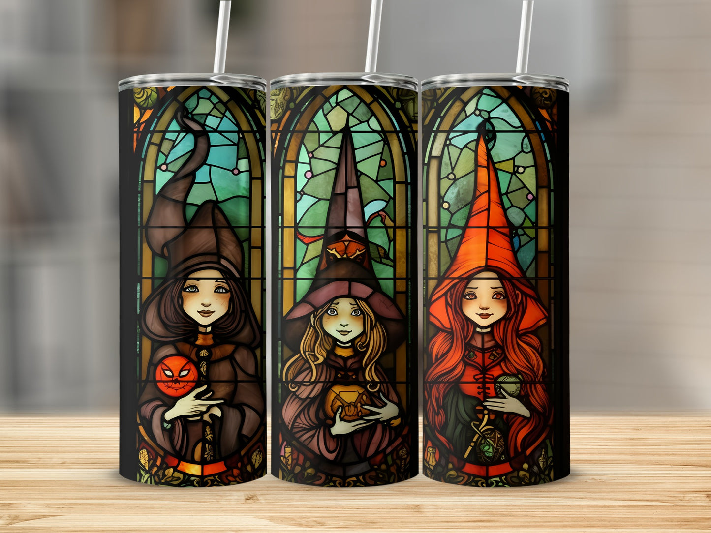 Three witch tumblers with stained glass backgrounds featuring Halloween pumpkins.
