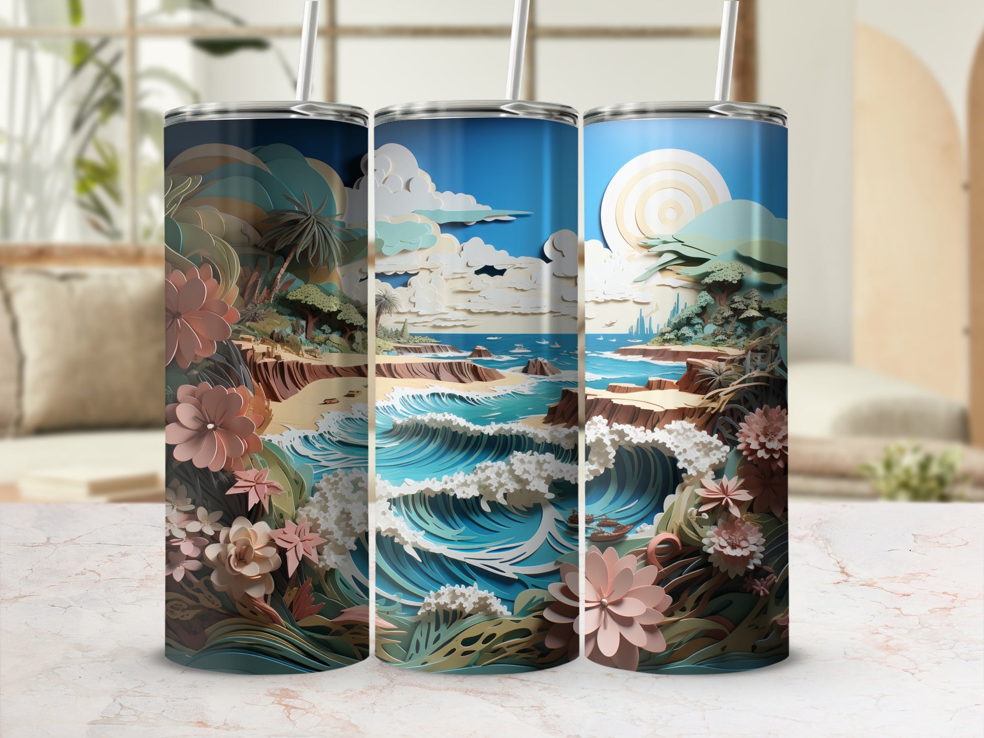 Three tumblers featuring a vibrant beach scene with stylized waves and flowers.