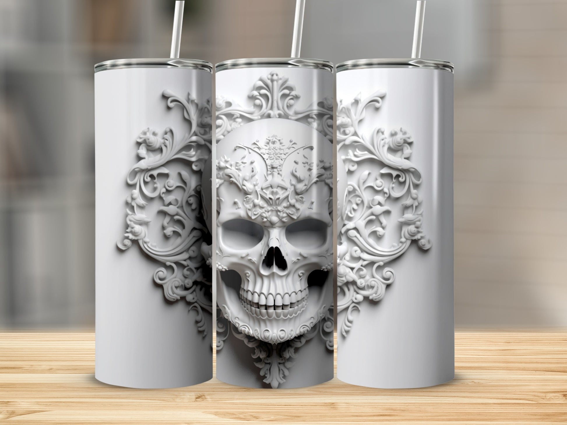 White tumbler with ornate skull relief and damask pattern.