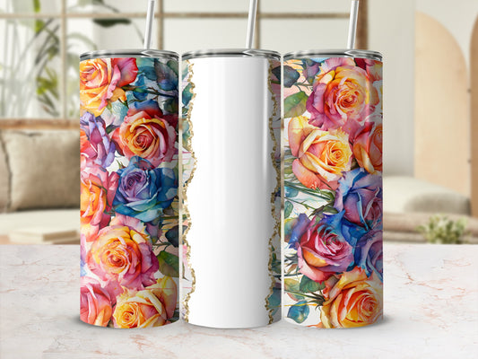 Three tumblers with colorful floral designs and a white section.