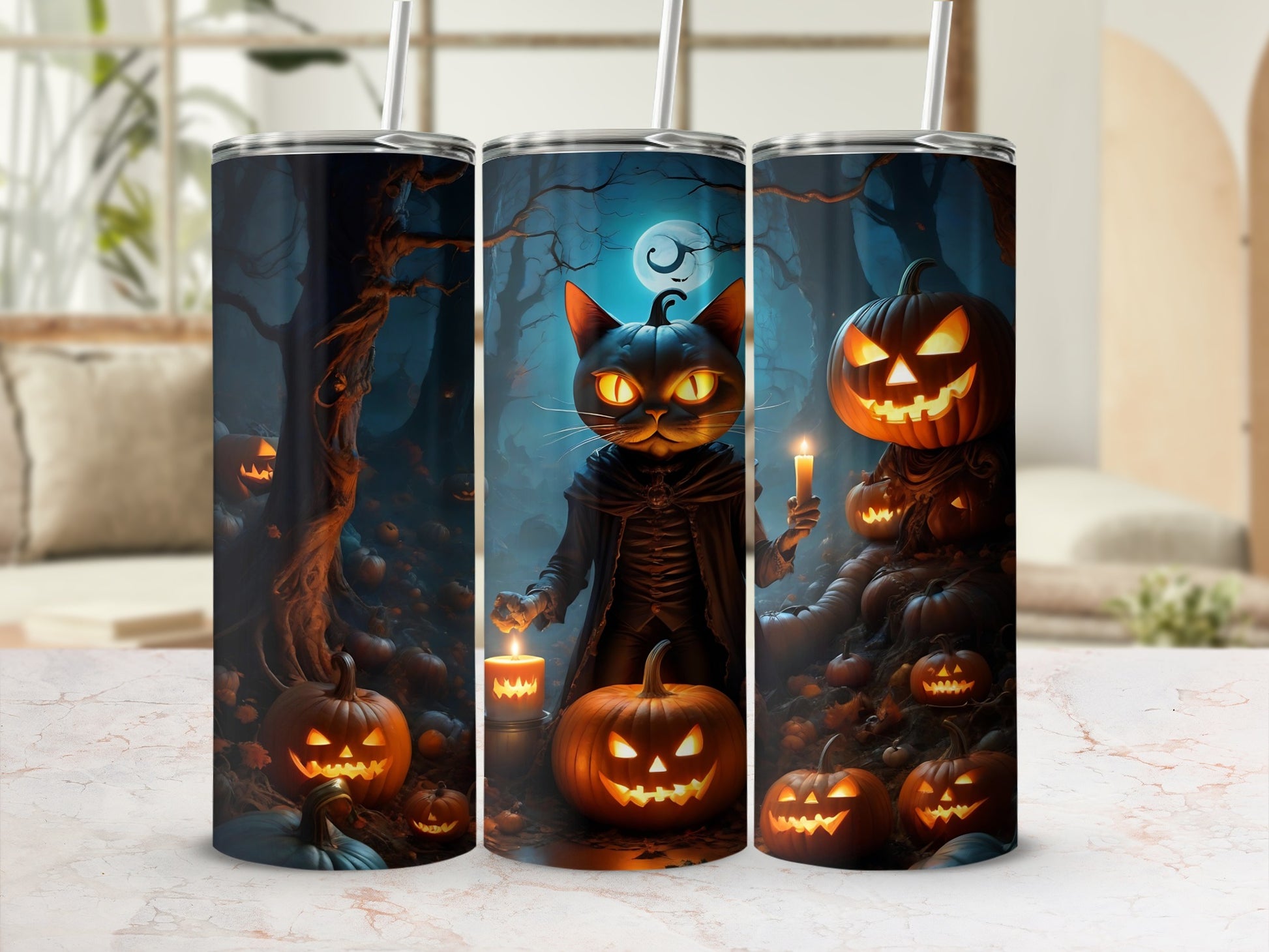 Halloween themed tumblers with a black cat, pumpkins, and a moonlit scene.