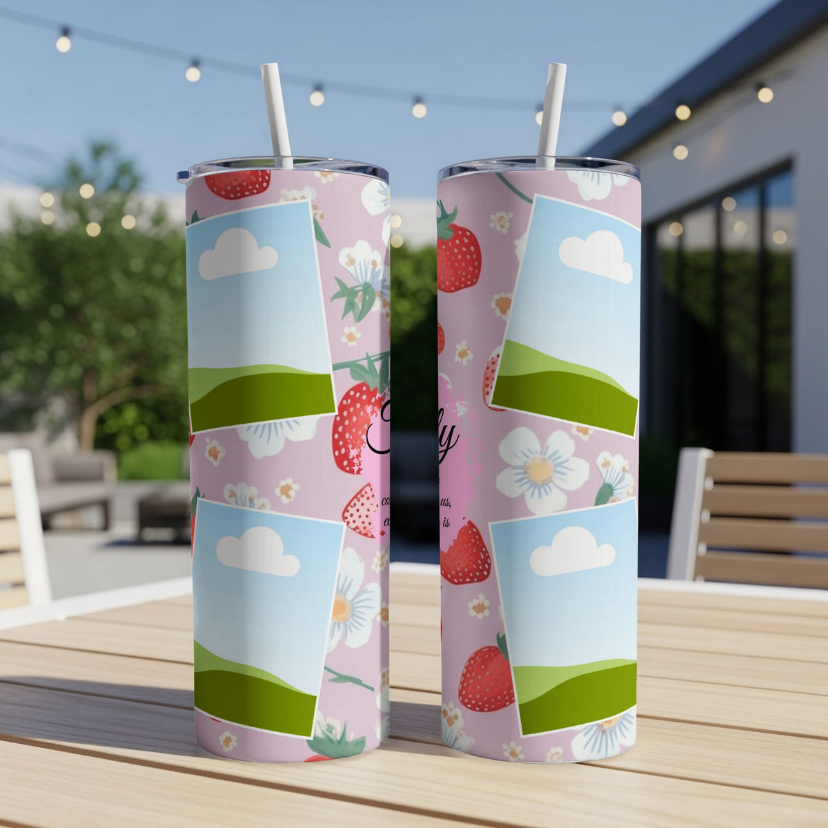 Two tumblers with strawberry and floral pattern, and sky and hill images.