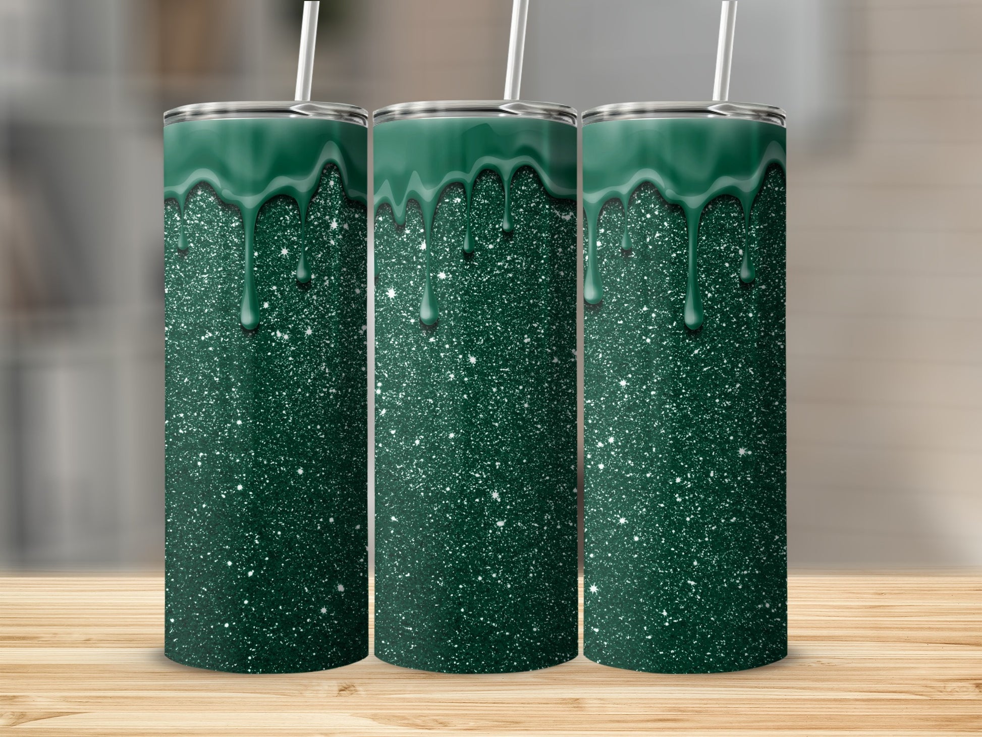 Glitter Green Dripping Design Stainless Steel Tumbler