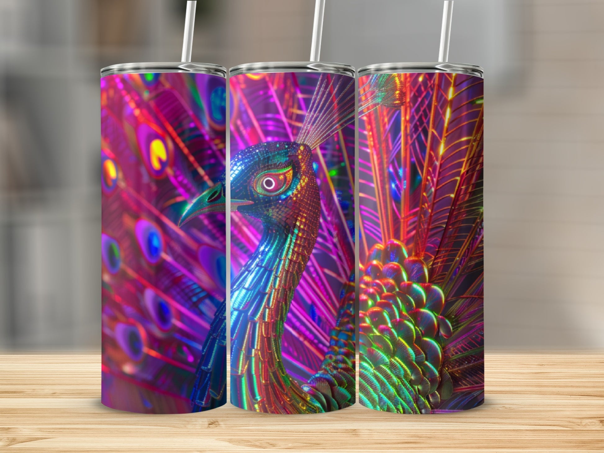 Triptych of iridescent peacock feathers and head on tumblers.