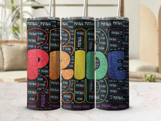 Three tumblers with repeated "PRIDE" text in rainbow colors and glitter.