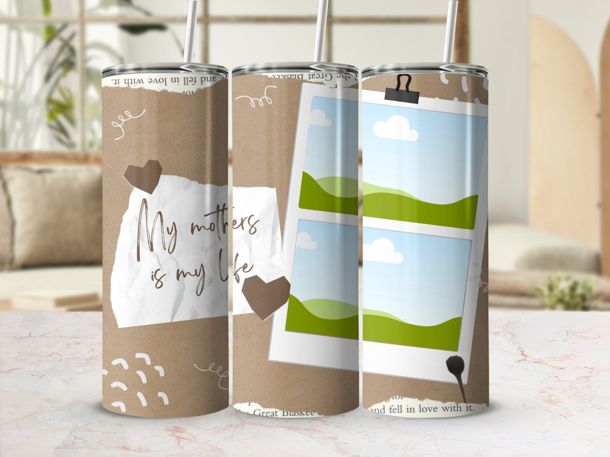 Tumbler with "My mothers is my life" text and scrapbook-style photos.