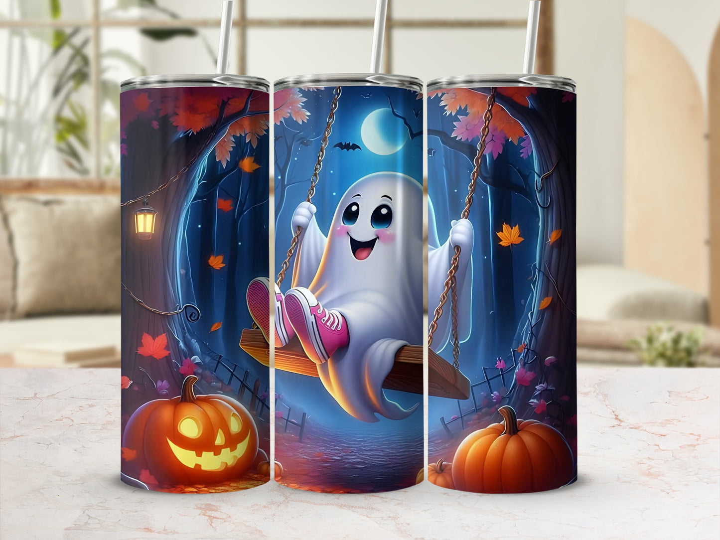 Ghost on a swing with pumpkins and autumn trees, nighttime scene.
