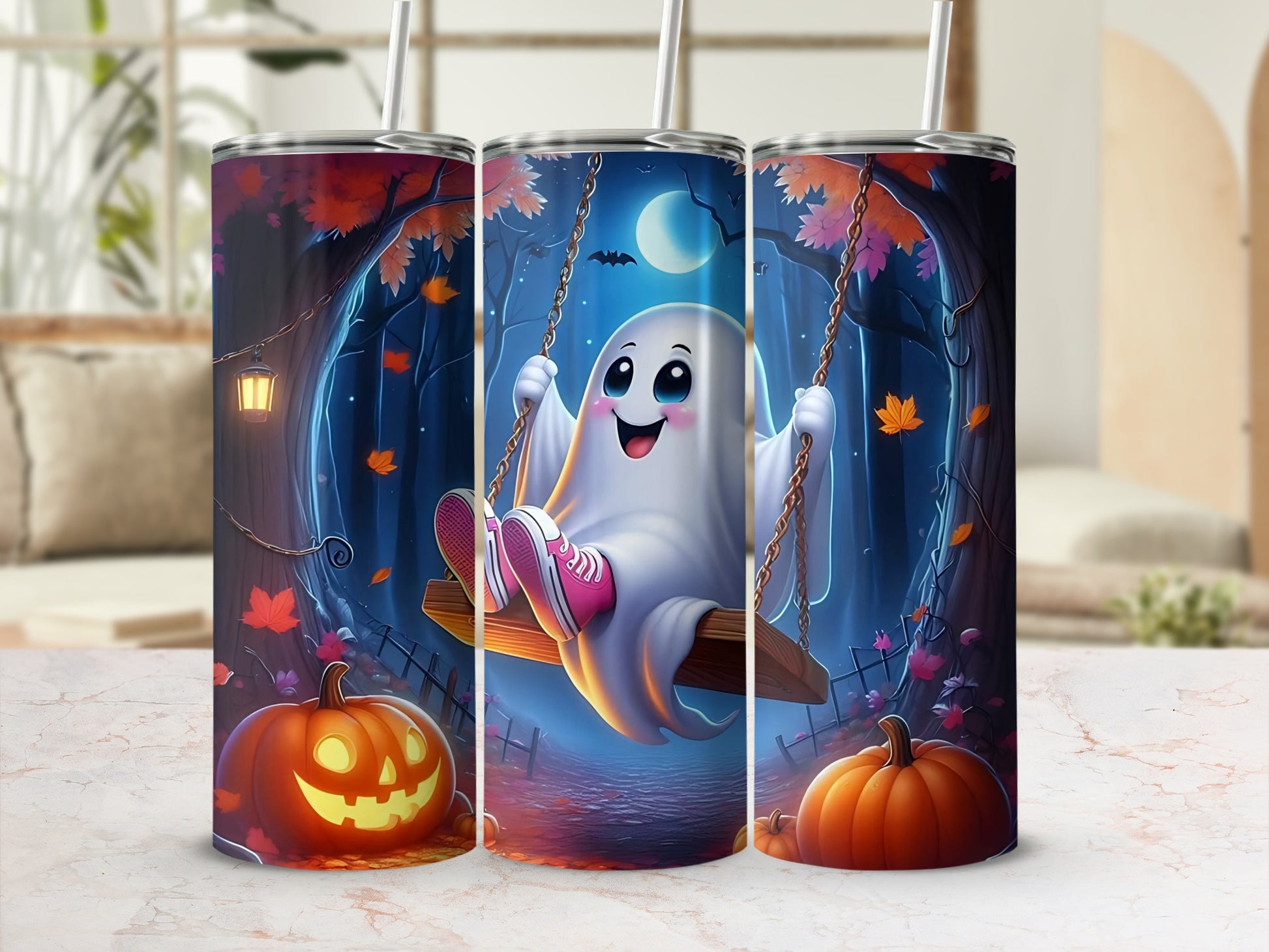 Ghost on a swing with pumpkins and autumn trees, nighttime scene.