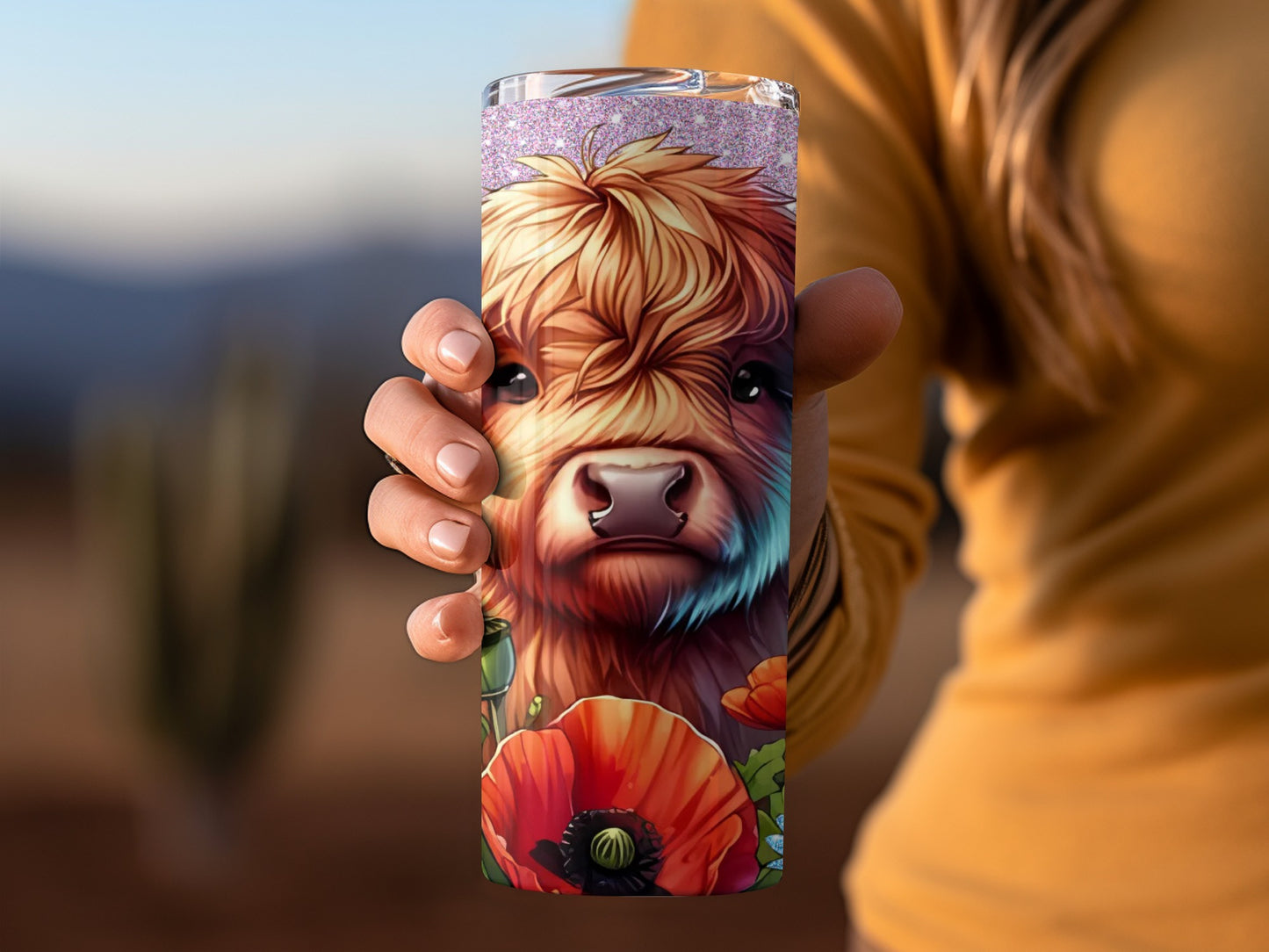 Cute Cow and Poppy Flowers Design Tumbler Cup