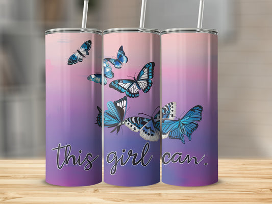 Three tumblers with blue butterflies and the text "this girl can."