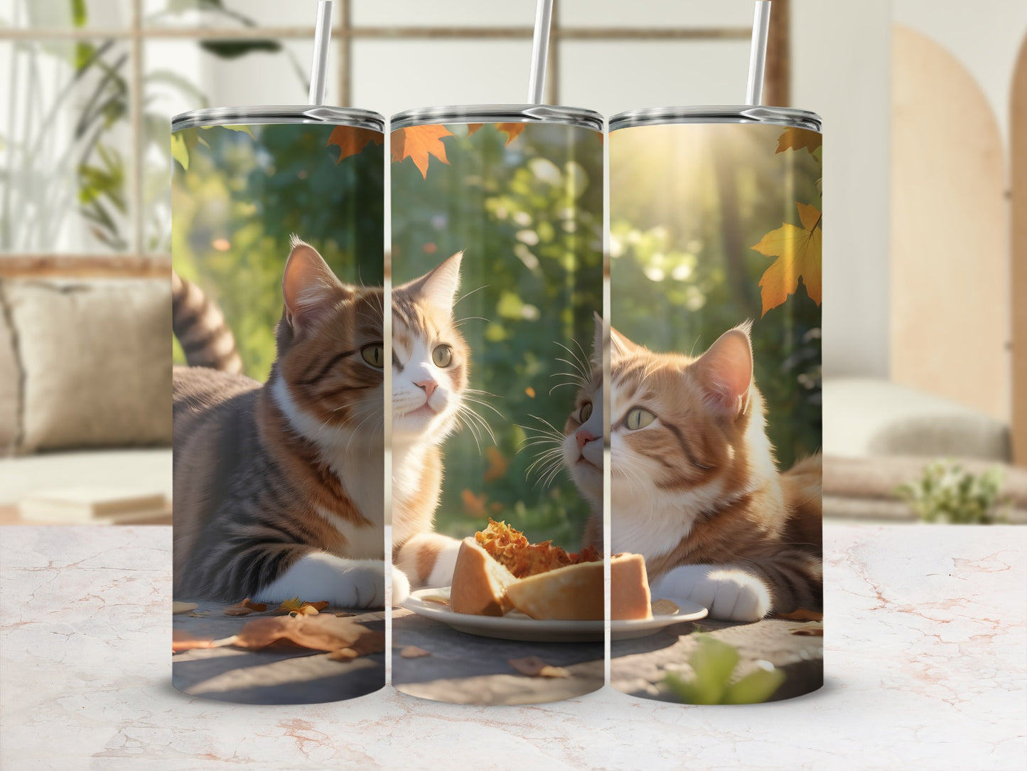 Two tabby cats look at a plate of food on a table with autumn leaves.