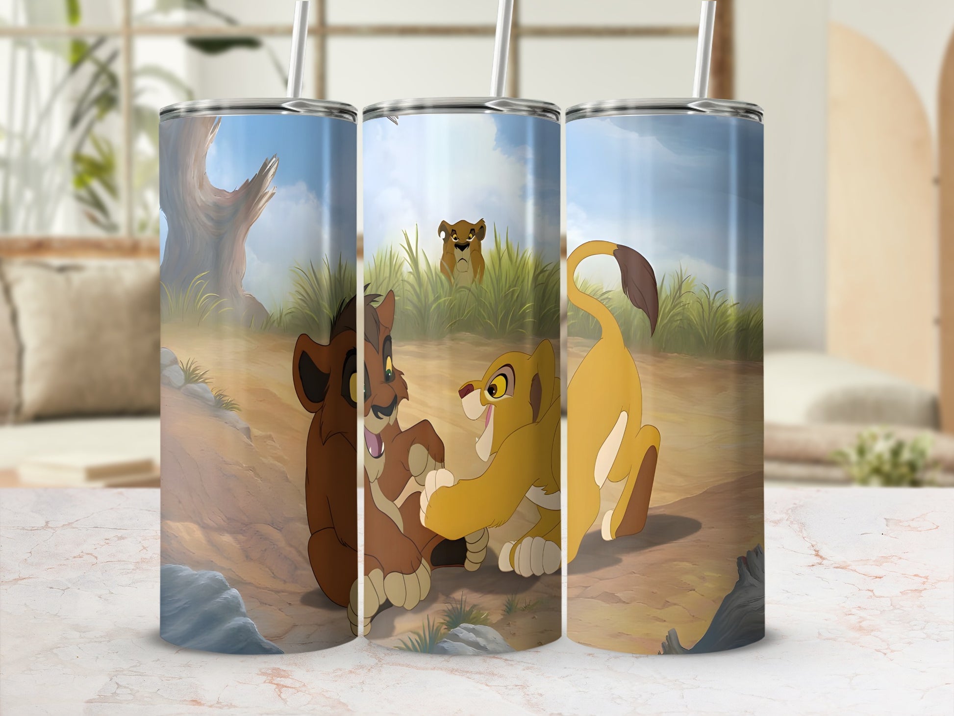 The Lion King cubs playing on a sunny savanna.