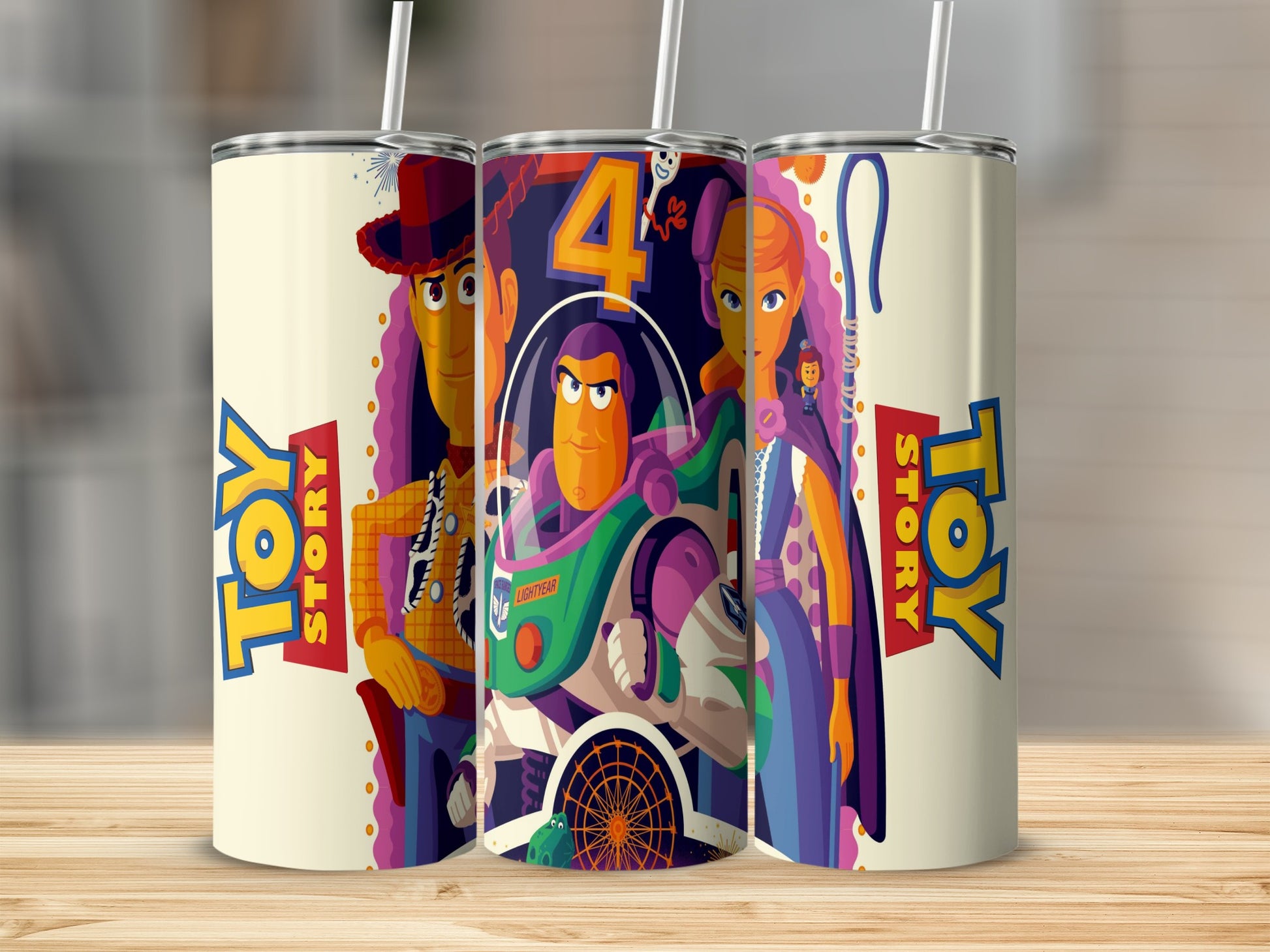 Toy Story characters Woody, Buzz Lightyear, and Jessie on a tumbler.