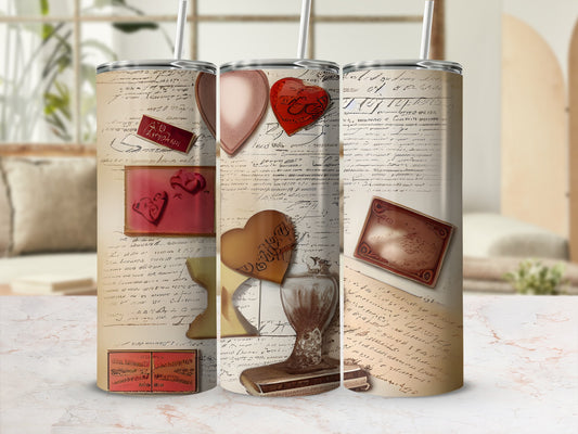 Tumbler with vintage script, hearts, and decorative elements.