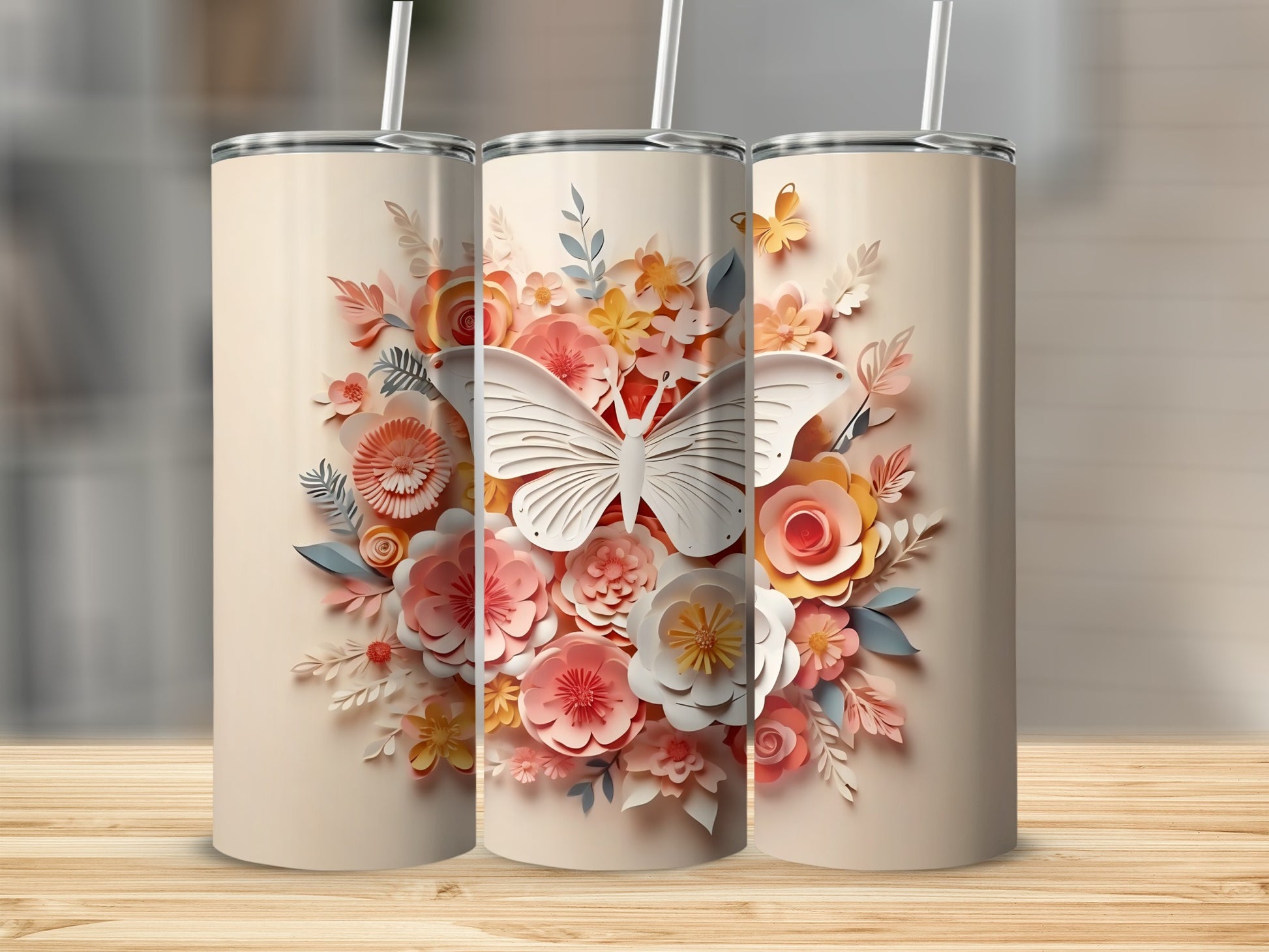 Floral Butterfly Design Insulated Tumbler Beverage Cup