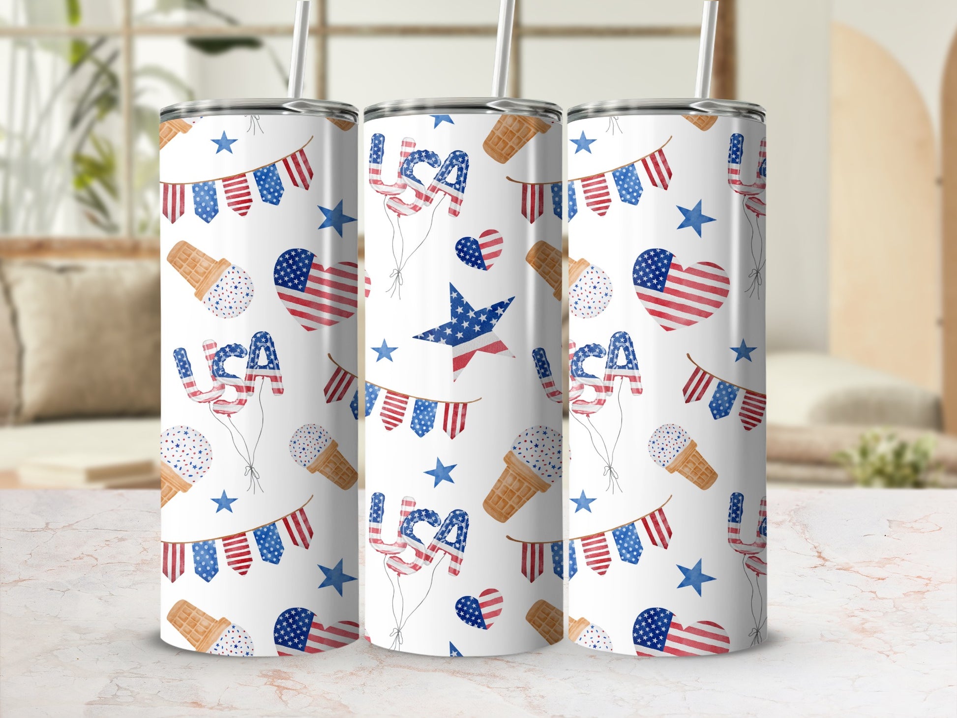 Three tumblers with a patriotic USA design featuring ice cream cones, balloons, and bunting.