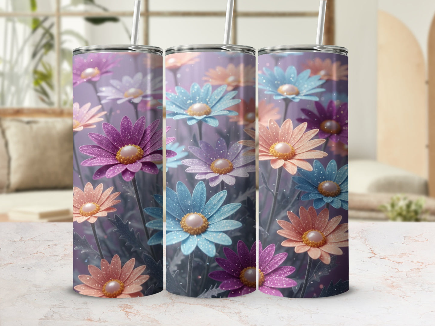 Colorful Glittery Floral Pattern Insulated Tumbler