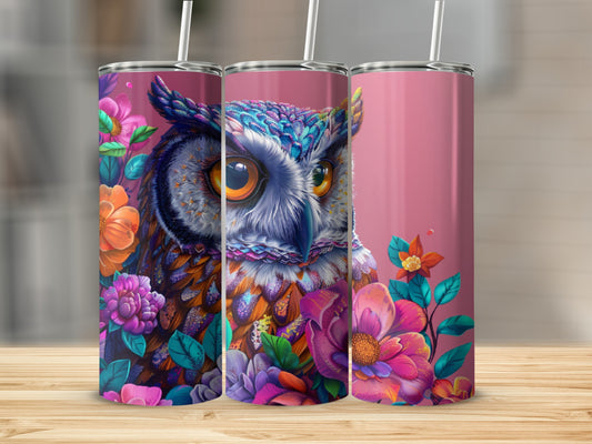 Three tumblers featuring a detailed owl and colorful flowers against a pink background.