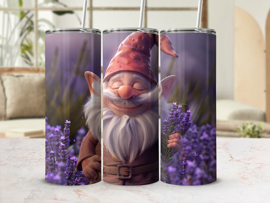 Gnome in a red hat holding lavender in a field of purple flowers.