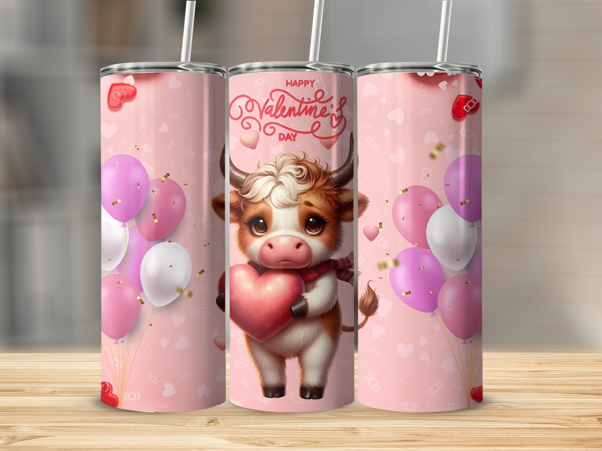 Cute Valentine's Day Cow with Balloons Tumbler