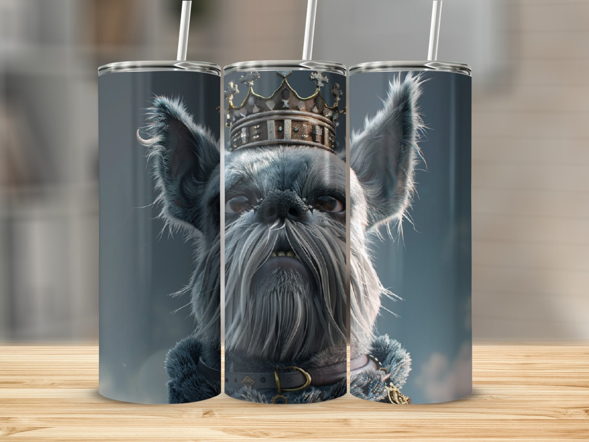 Schnauzer wearing a crown and fur collar on a patterned tumbler.