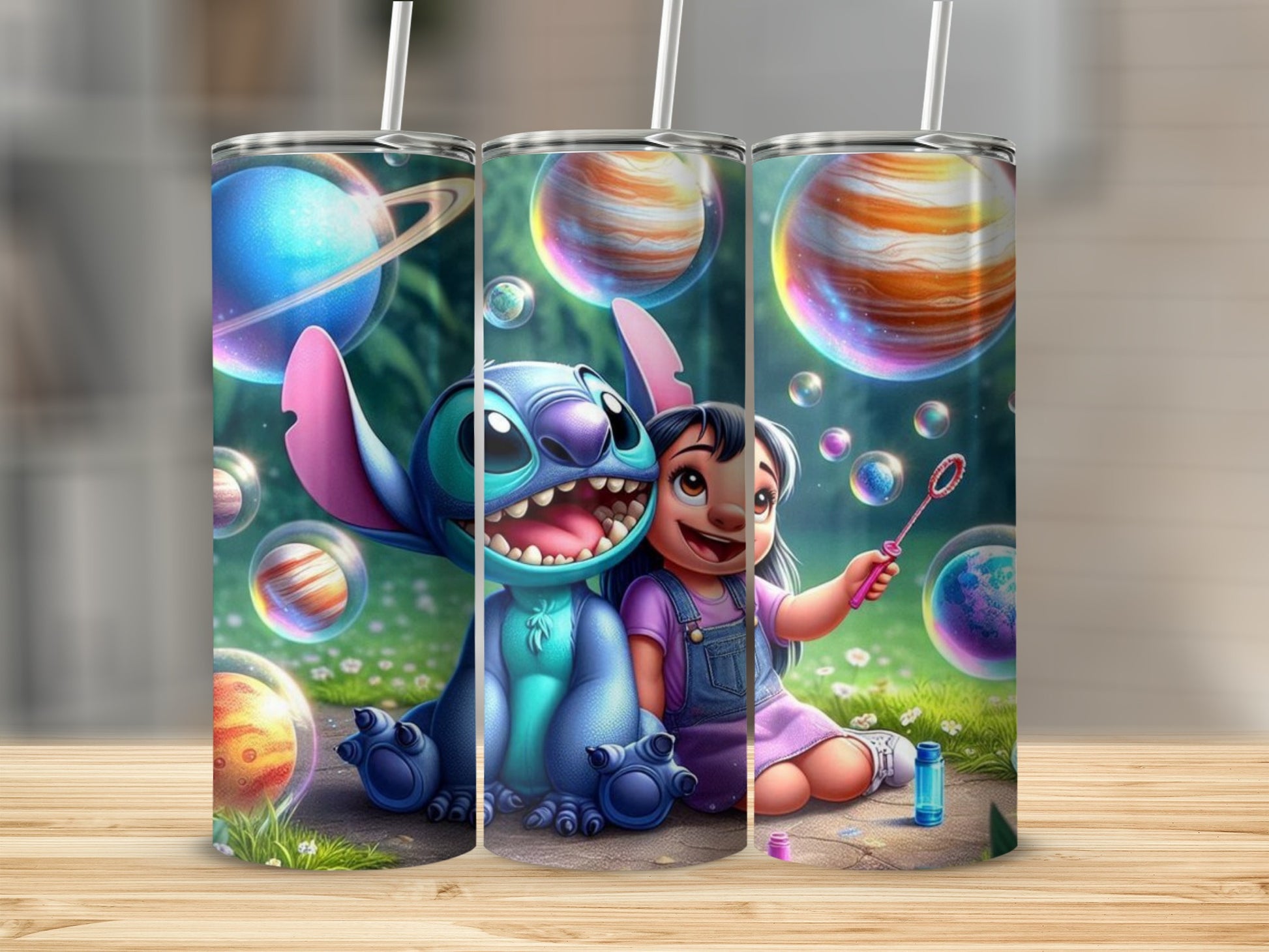 Cute Alien and Girl with Bubbles Design Tumbler Cup