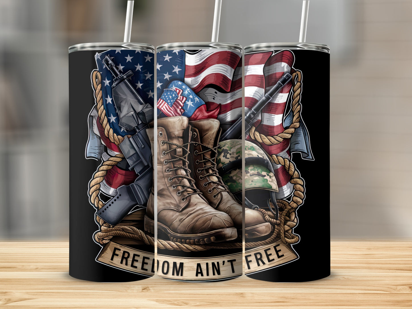 American flag, boots, helmet, and rifle on a tumbler with "FREEDOM AIN'T FREE".