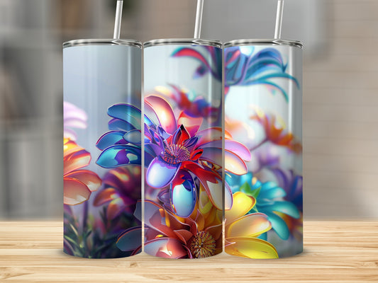 Three tumblers with colorful, iridescent abstract floral designs.