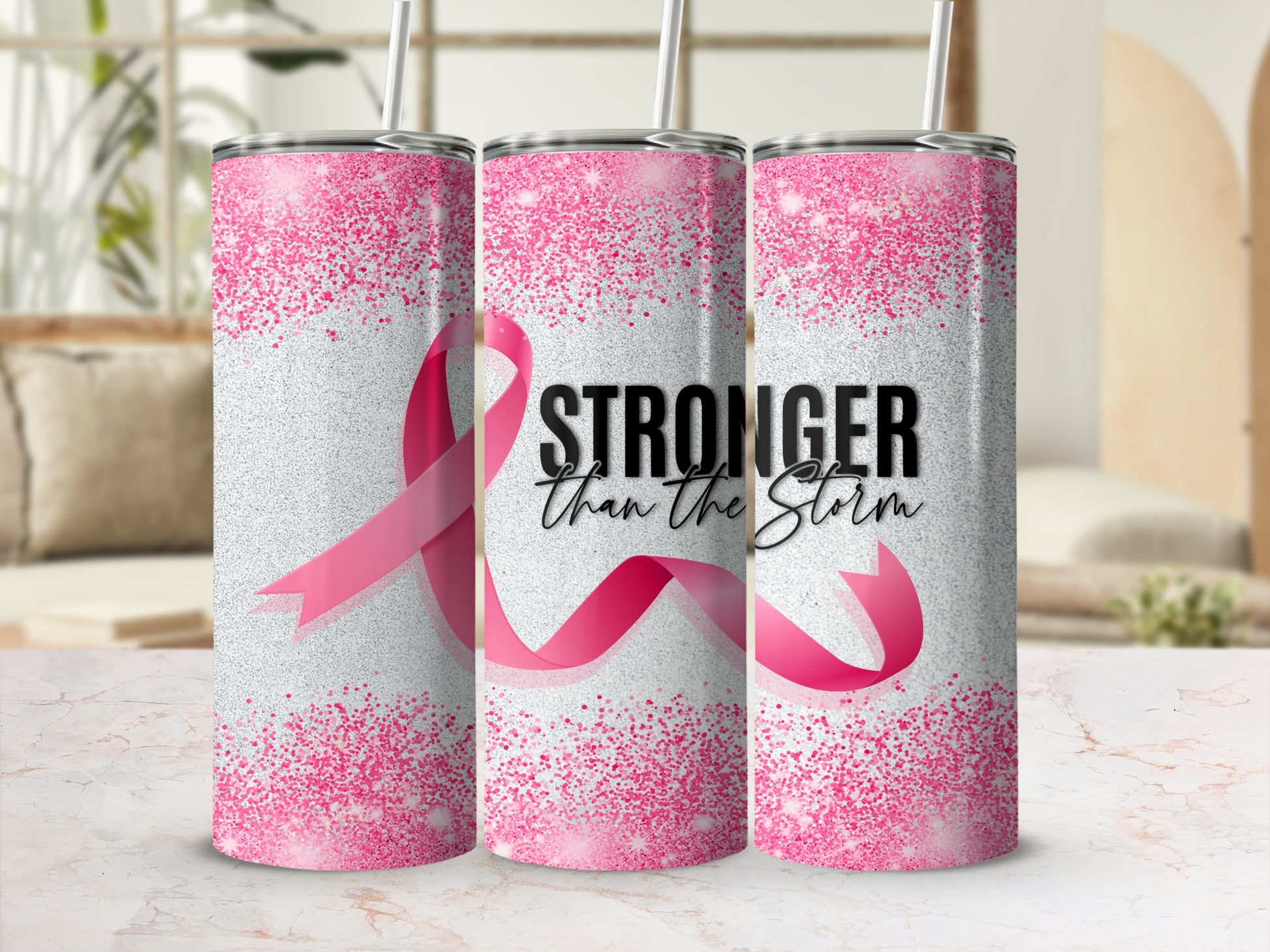 Pink ribbon with "Stronger Than the Storm" text on glittery tumbler.