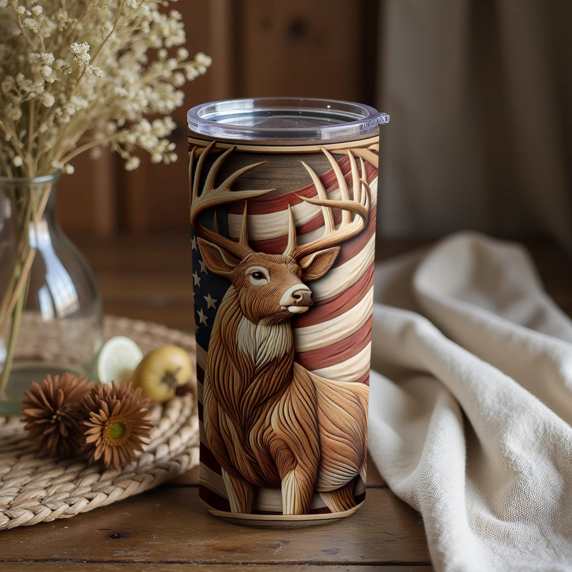 Majestic Deer and Patriotic Flag Travel Tumbler