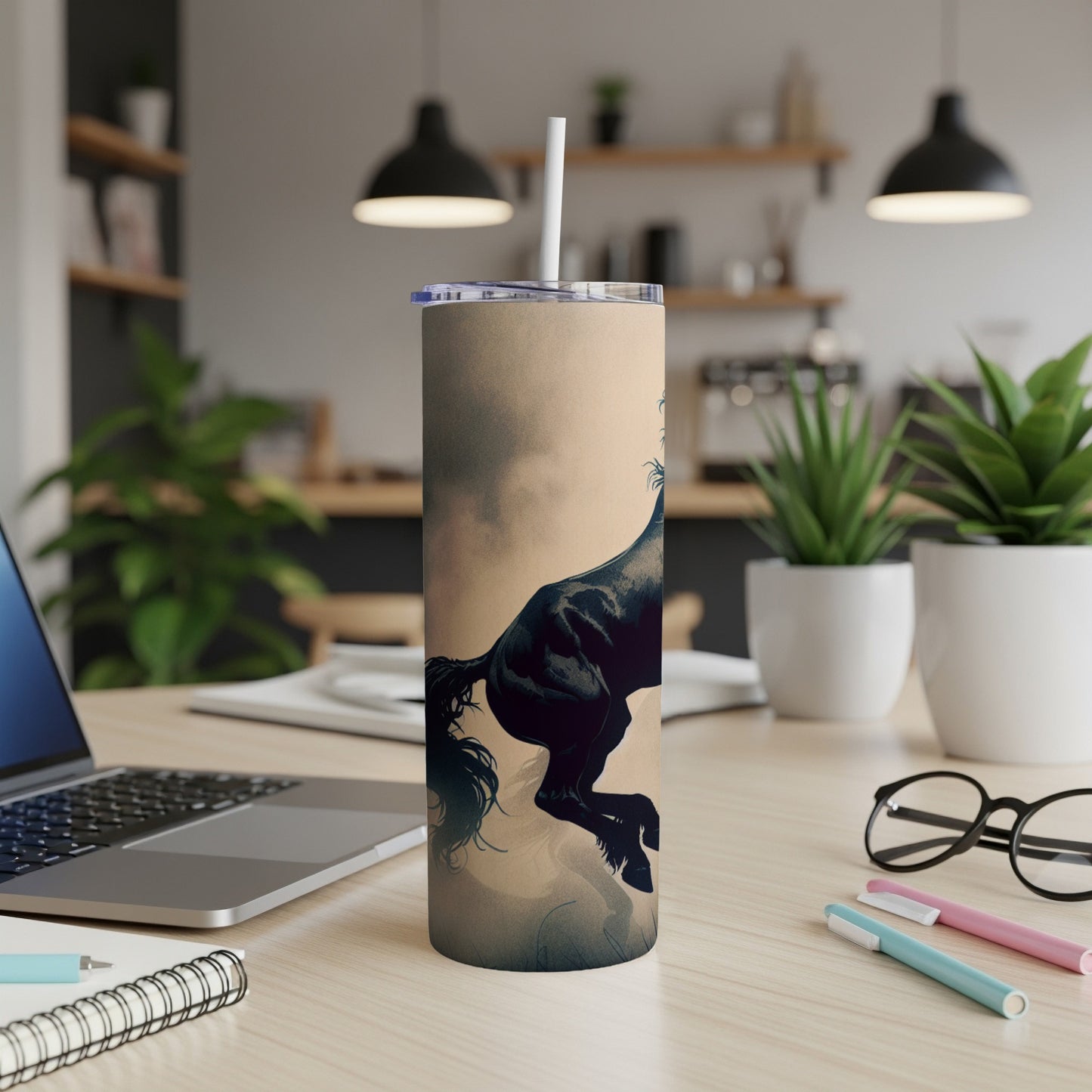 Black horse silhouette on a textured tumbler with a straw.