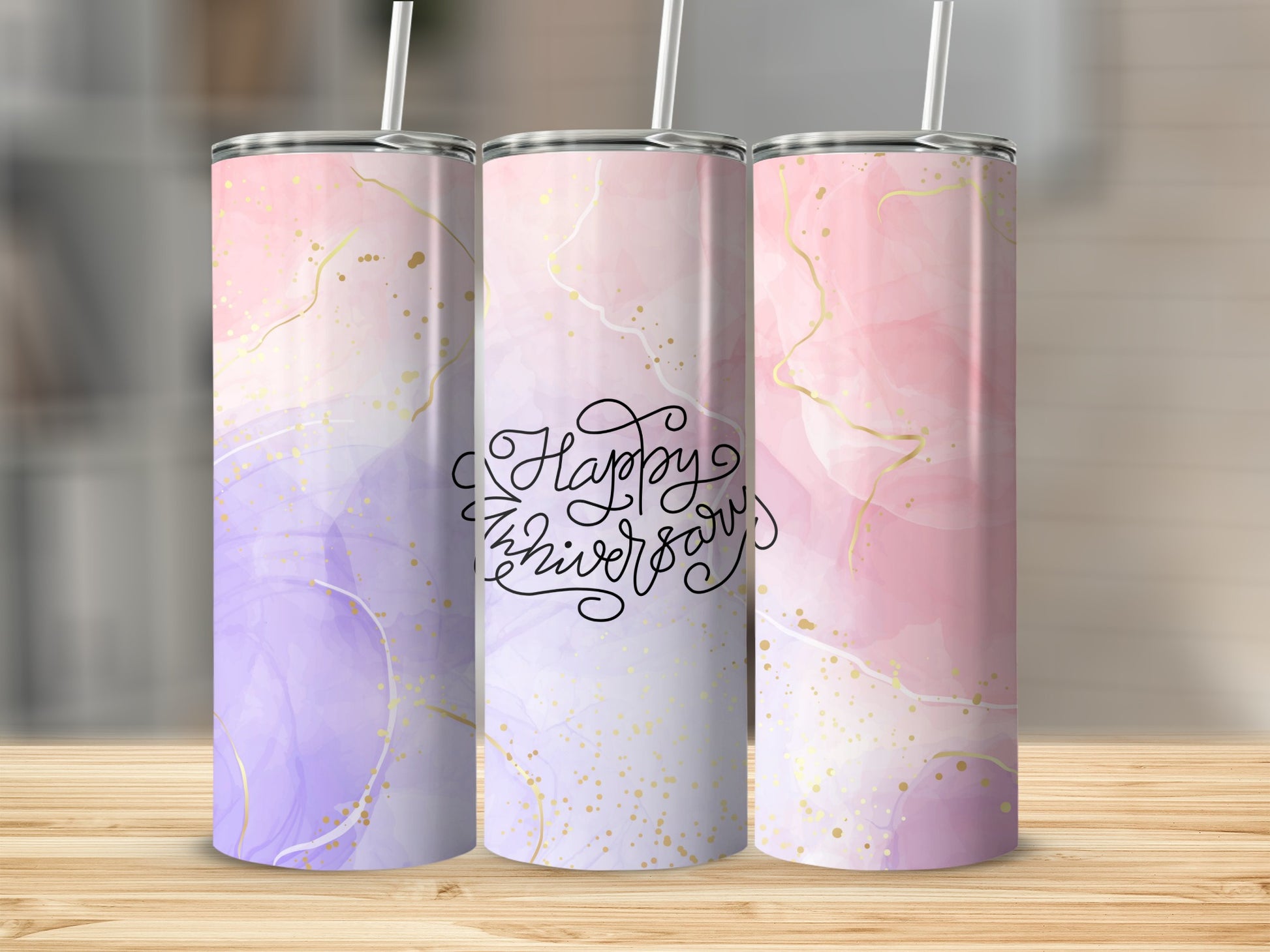 Pink and purple watercolor tumbler with "Happy Anniversary" text.