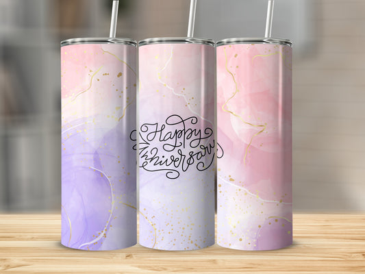 Pink and purple watercolor tumbler with "Happy Anniversary" text.