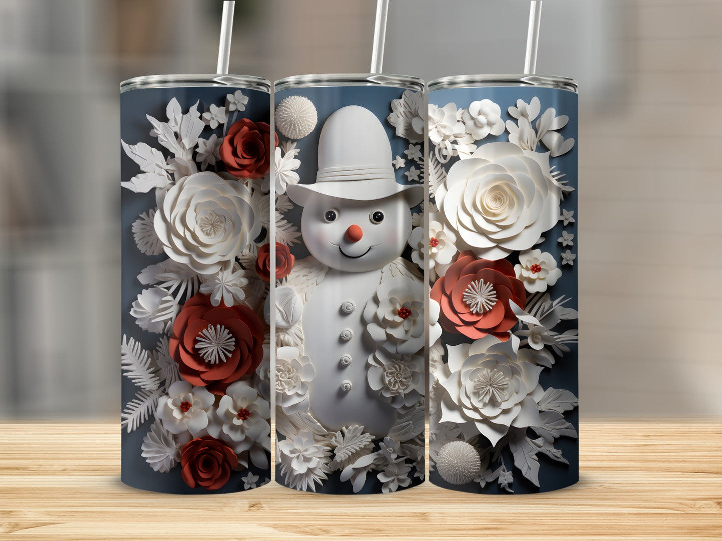 Festive Snowman with Floral Design Tumbler Cup