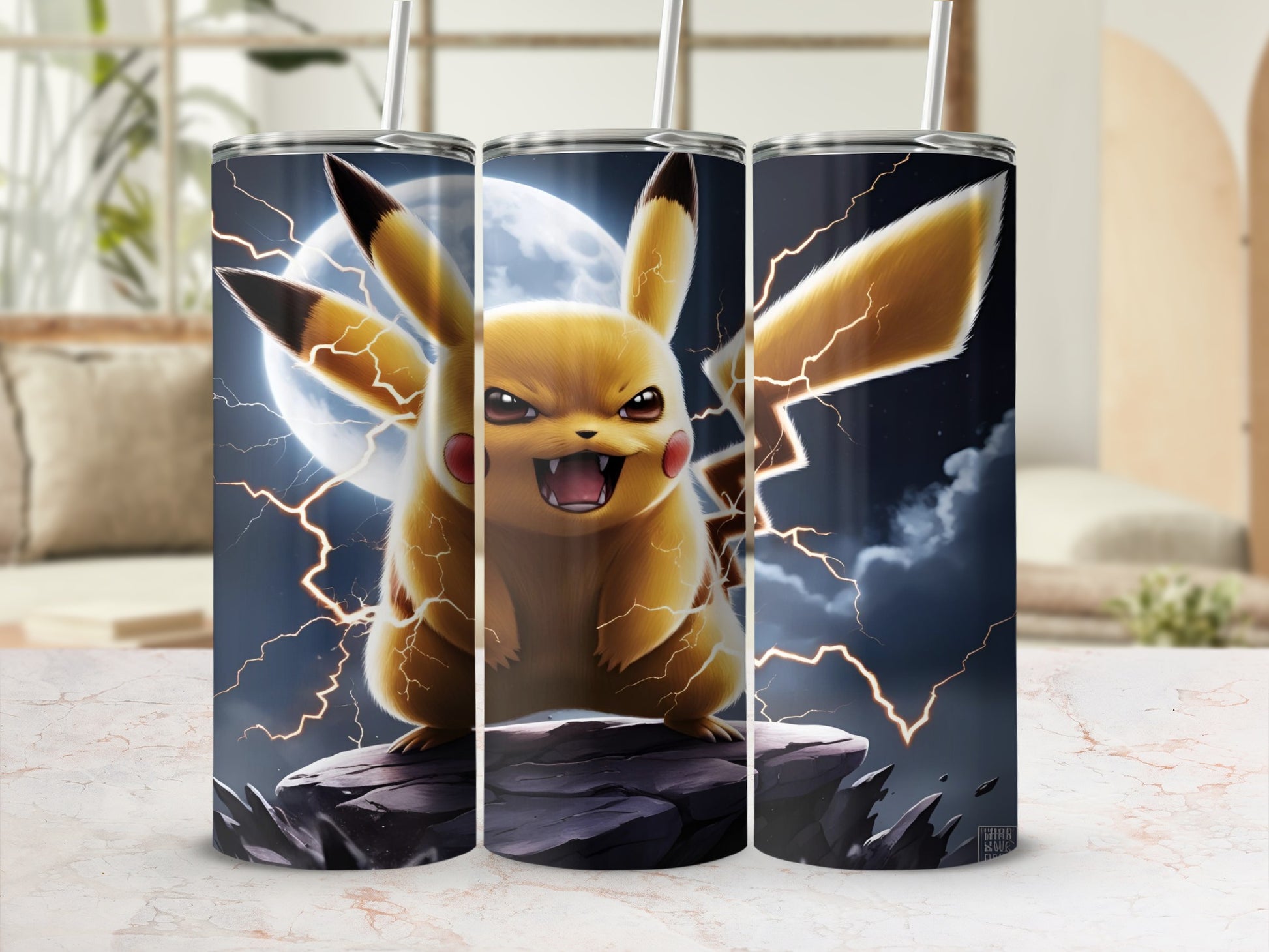 Pikachu charging with lightning on a rocky surface under a full moon.