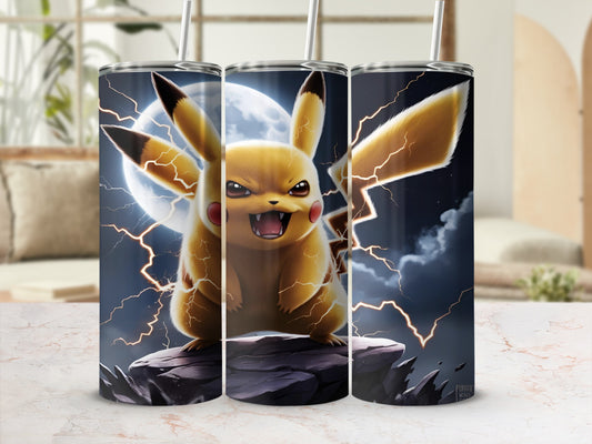 Pikachu charging with lightning on a rocky surface under a full moon.