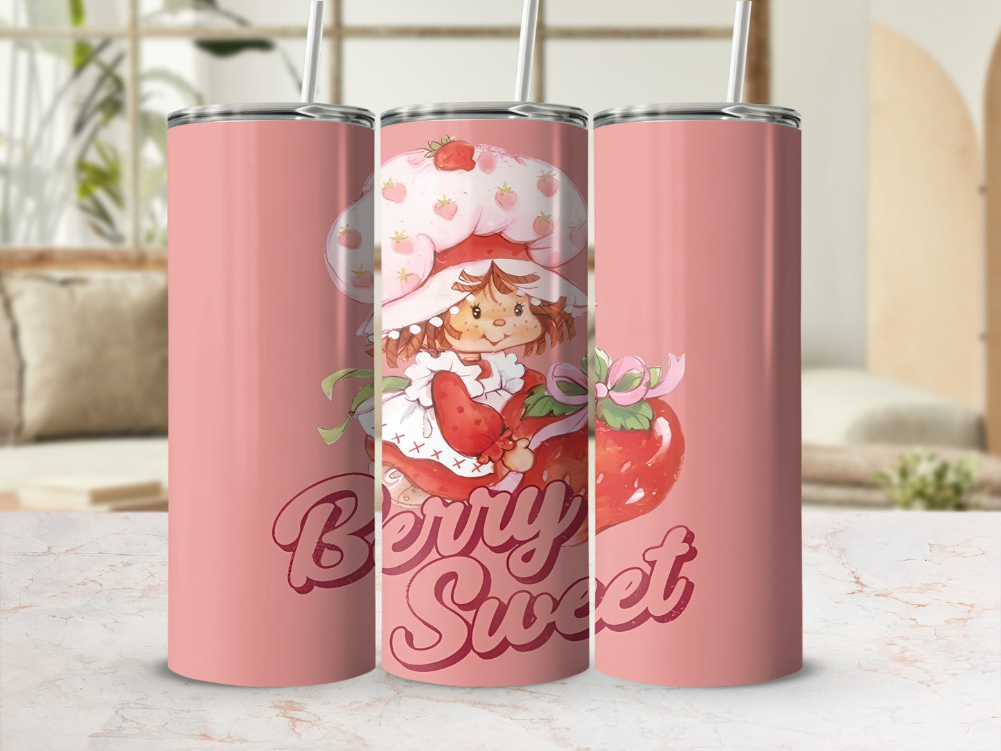 Pink tumbler with strawberry girl and "Berry Sweet" text.
