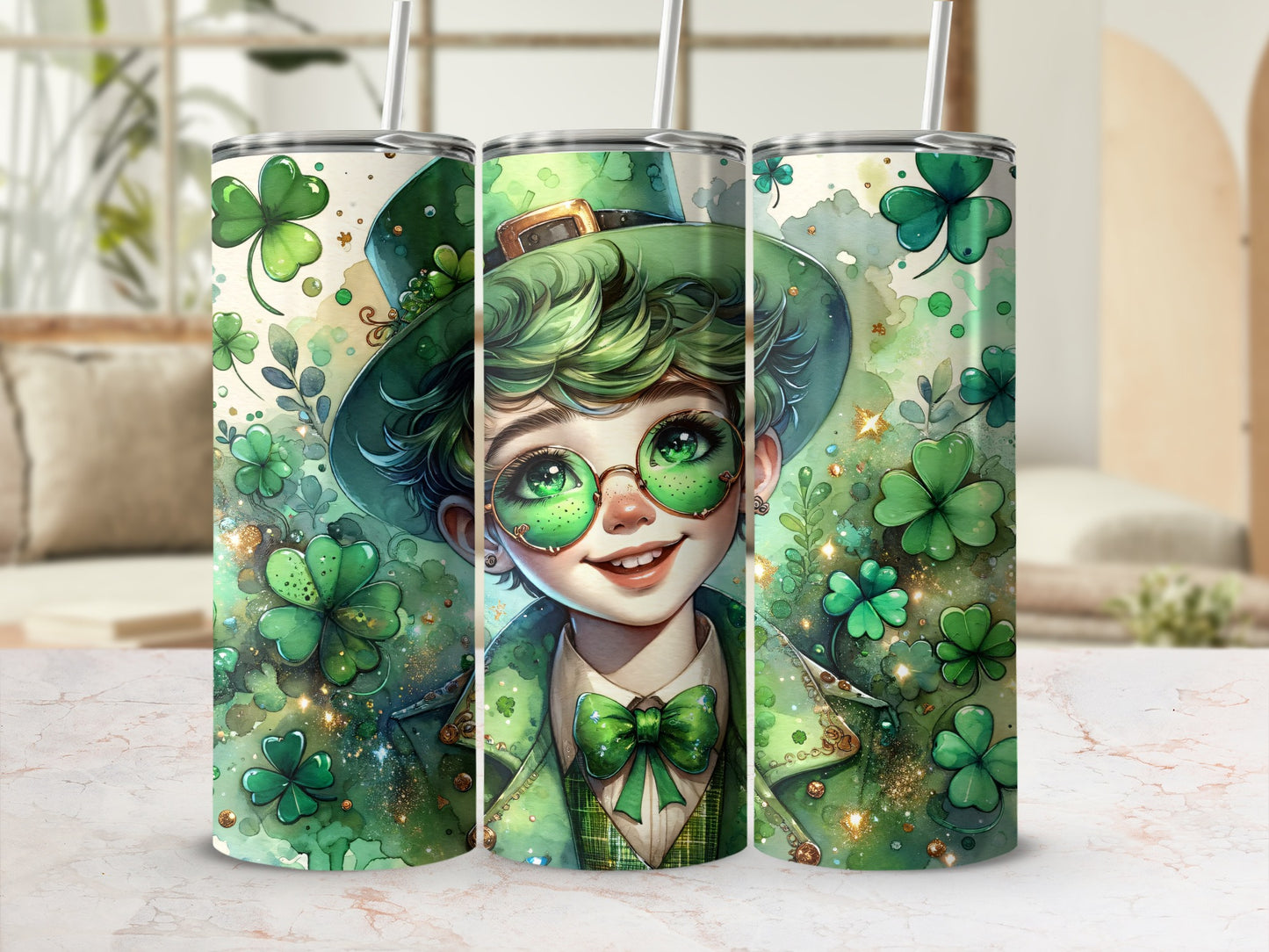 Leprechaun character with green hat and glasses, surrounded by shamrocks.