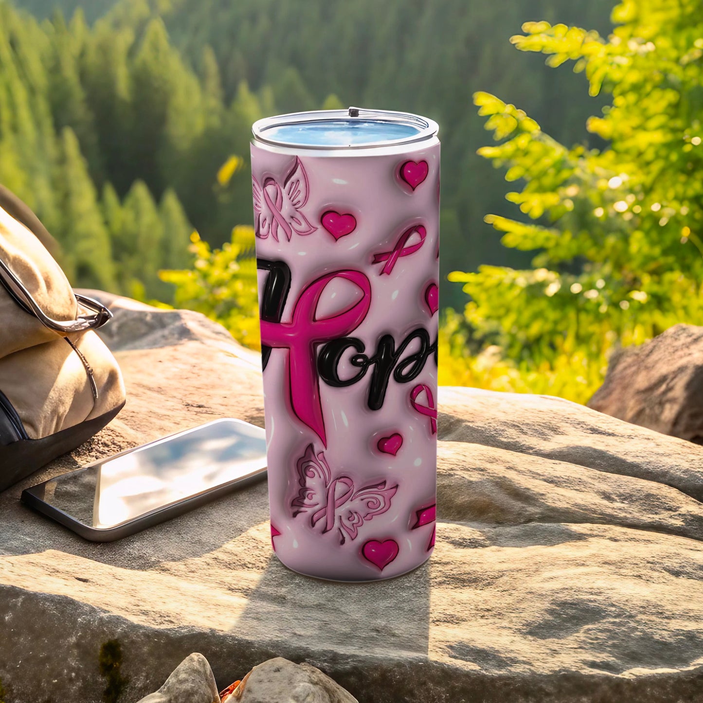 Pink tumbler with "Hope" text, butterflies, and breast cancer ribbons.