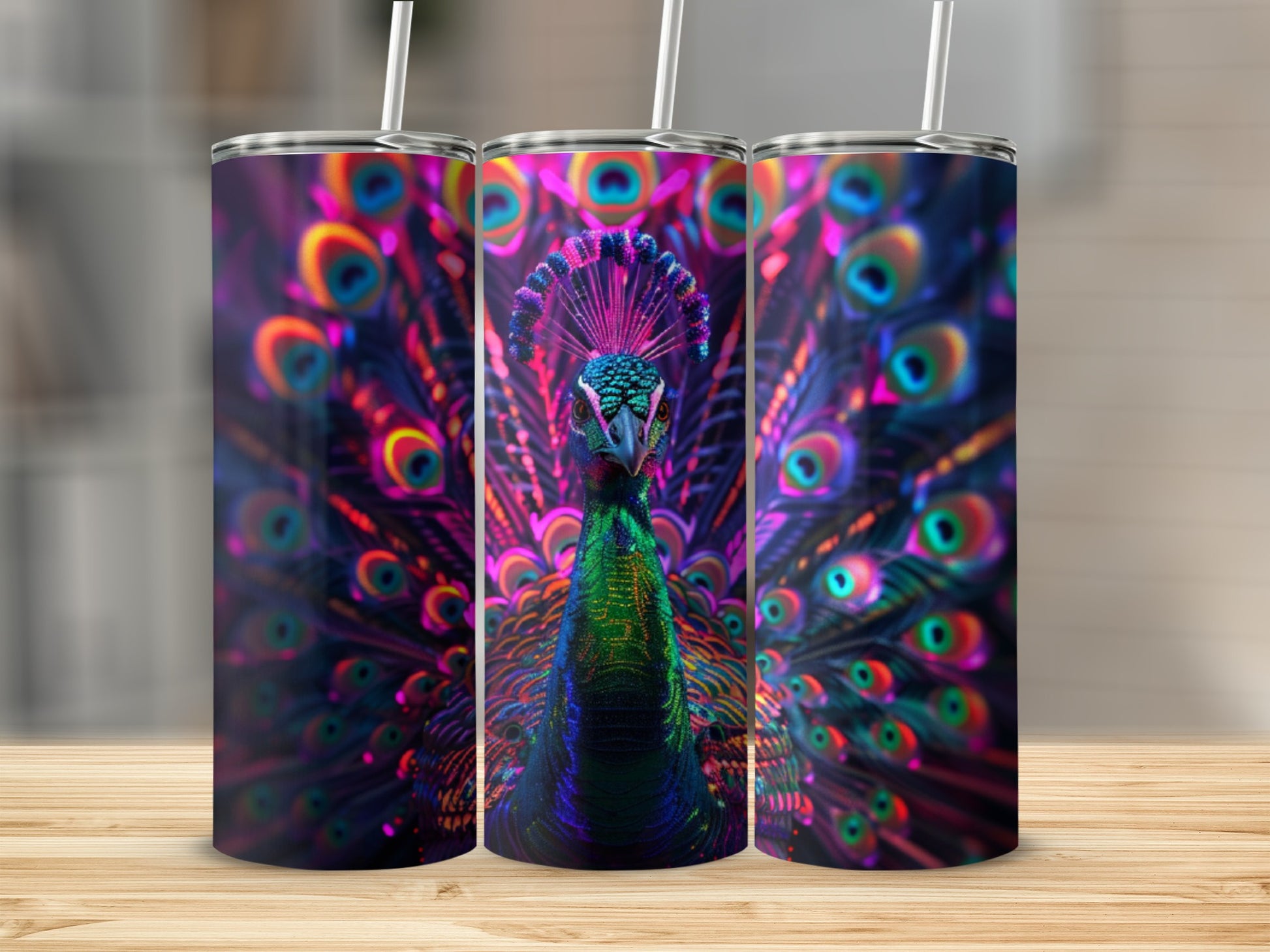 Three tumblers featuring a colorful peacock with fanned tail feathers.