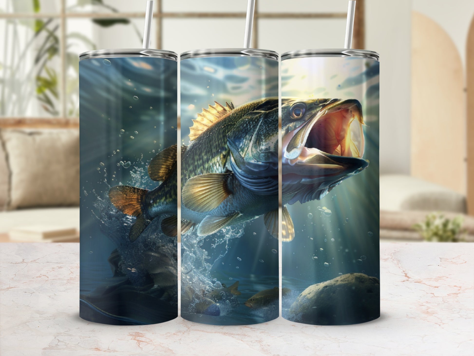 Three tumblers featuring a largemouth bass jumping out of water.