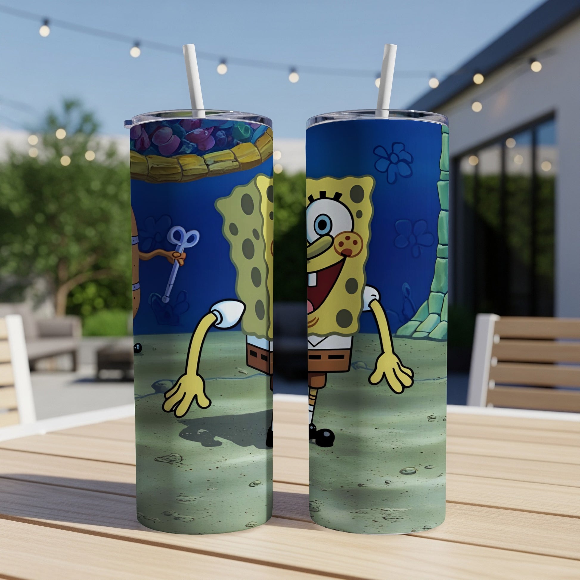 SpongeBob SquarePants cartoon character on two insulated tumblers.