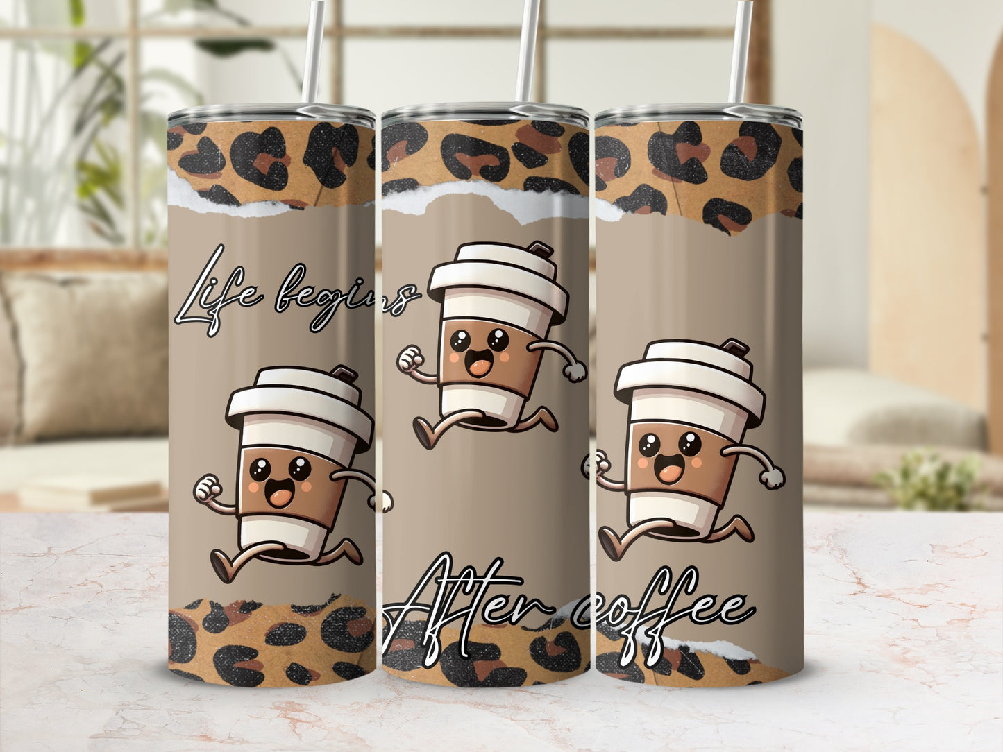 Life Begins After Coffee Cute Leopard Print Tumbler